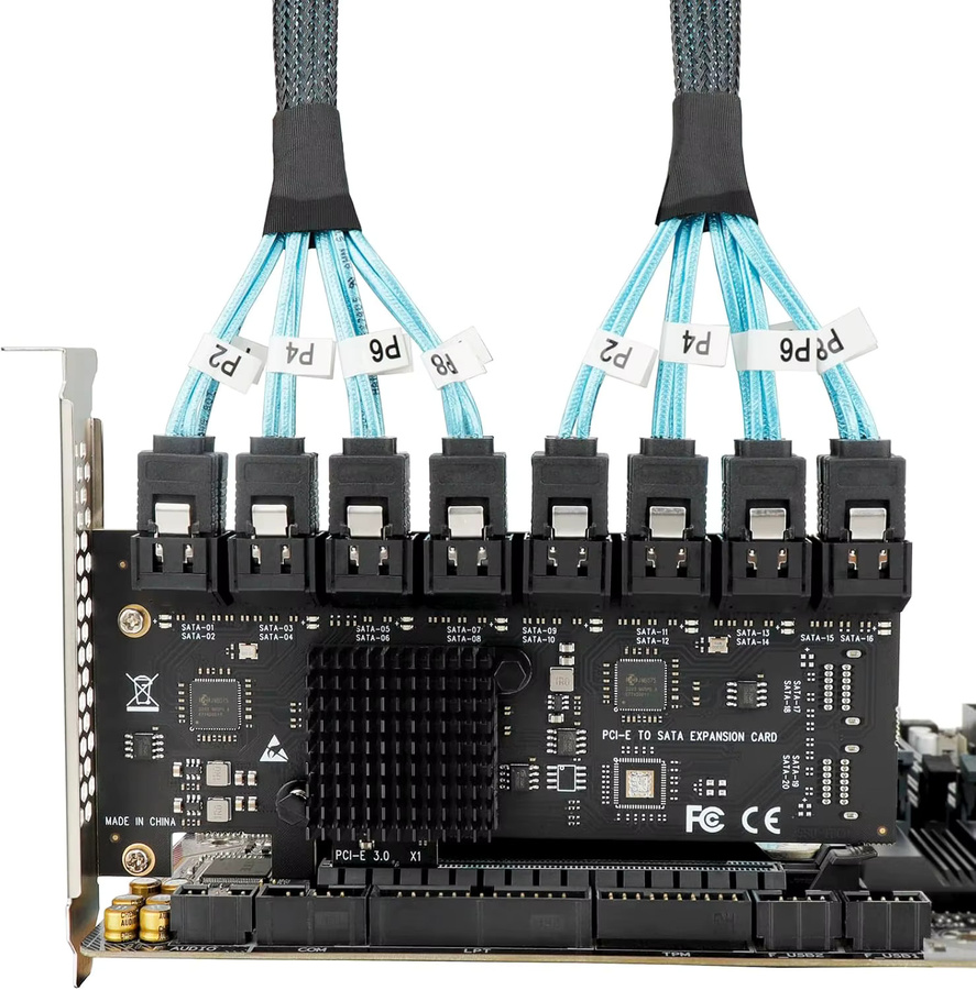 JoniSerl SATA-Erweiterungskarte PCIe x1 auf 16-Port SATA 3.0 SSD 6 Gbit/s Controller-Adapterkarte in Schwarz mit 2 x 8-Port Kabeln - Bild 3