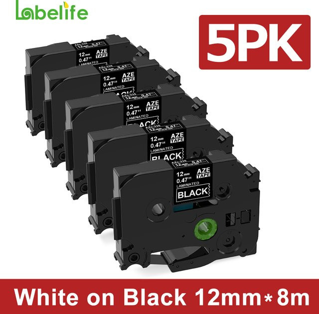 5 Stück laminiertes Etikettenband von Brother in Weiß auf Schwarz, 12 mm Breite, wasserfest und kompatibel mit PTH110, PTD200, PTD600 und PTP710B Etikettendruckern - Bild 1
