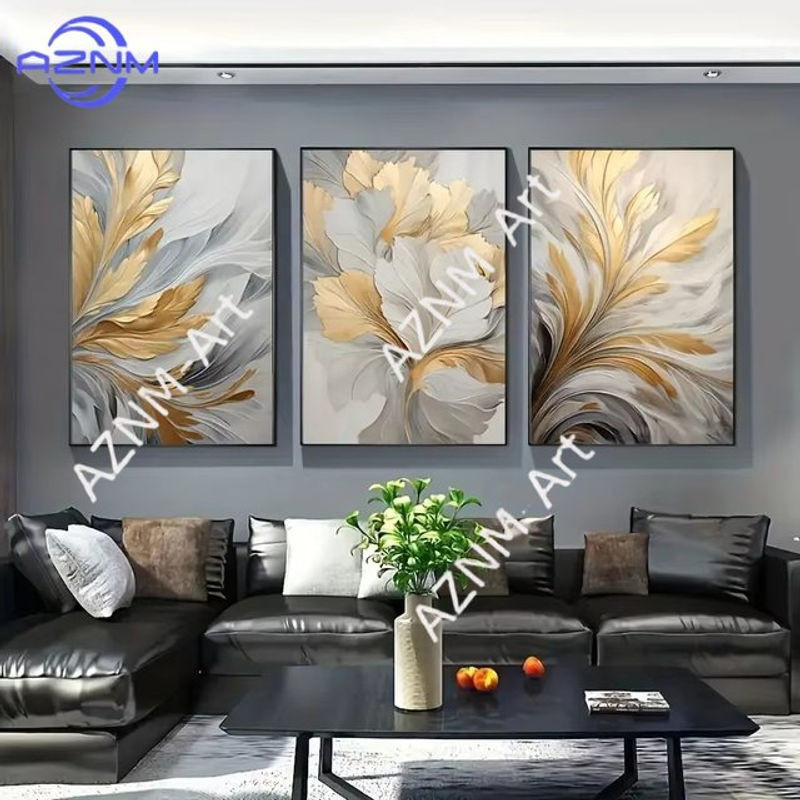 Potdemiel Wandkunst Leinwanddruck mit floralem Blätter-Motiv in Gold und Weiß, Luxus-Gemälde für Wohnzimmer, Schlafzimmer oder Büro - Bild 1