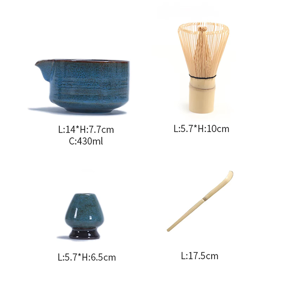 Dreamburgh Matcha Tee-Set aus Bambus und Keramik in Blau, 4-teiliges Set mit Teeschale 430 ml, Matcha-Besen, Teelöffel und Teehalter - Bild 2