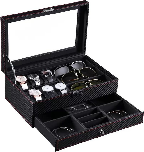 DOKW Uhrenaufbewahrungsbox in Schwarz mit Carbon-Grain-Optik als tragbare Schmuckpräsentationsbox für Brillen und Ohrringe - Bild 1