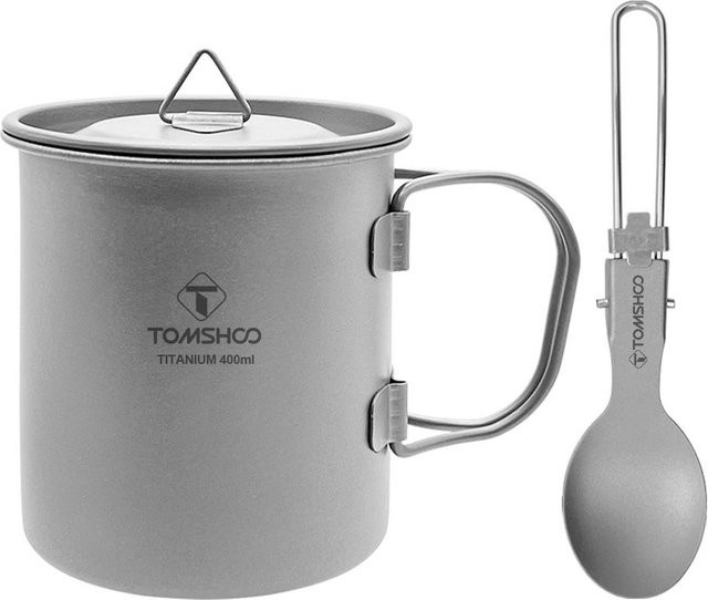 TOMSHOO Pure Ti Reisebecher mit Klappgriff und Löffel, leichter Metallbecher für Outdoor und Camping, Grau, 400ml - Bild 1