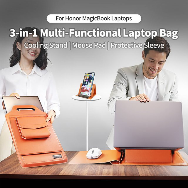 6-in-1 Laptop Tasche mit integriertem Ständer und Handyhalter für Honor MagicBook und MacBook 14/16 Zoll in Orange - Bild 1