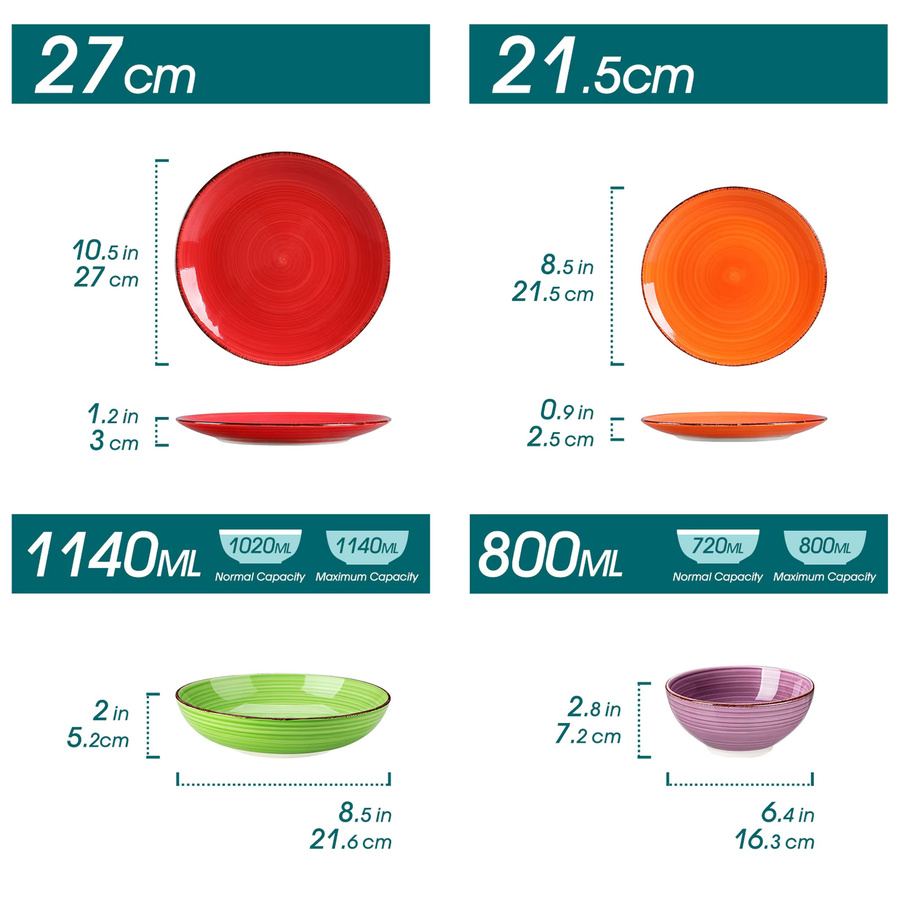 Vancasso Keramik-Geschirrset mit handbemaltem Spiralmuster in Multicolour, 24-teiliges Dinner-Service Set aus Speisetellern, Desserttellern, Schüsseln und Suppentellern - Bild 2