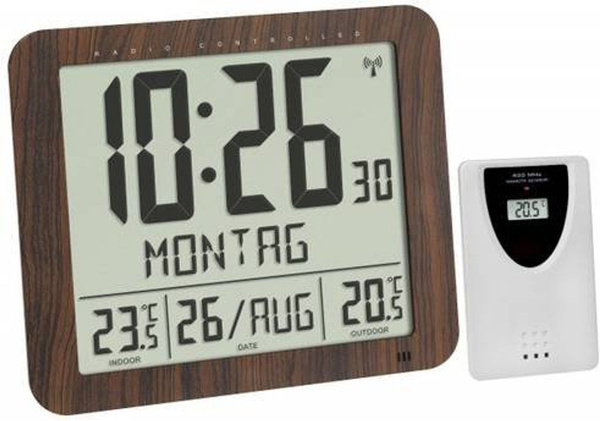 TFA Dostmann Funk Wanduhr Digital mit Thermometer und Datumsanzeige in Braun aus Holz, B/H/T: 24,8 x 20,6 x 2,06 cm
