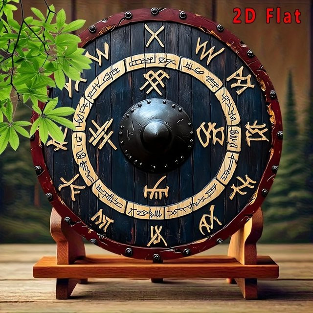 Reus Viking Rune Shield Metallwandkunst mit goldenen Runen, dunklem Holz und rotem Rand, Durchmesser: 20,32 cm - Bild 1