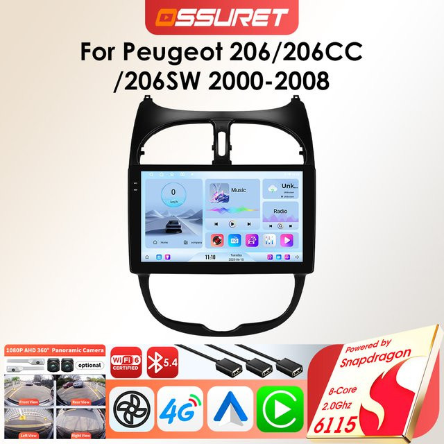 OSSURET 6115 Android-Autoradio mit GPS und Touchscreen für Peugeot 206 206CC 206 SW (2000–2008), Schwarz - Bild 1