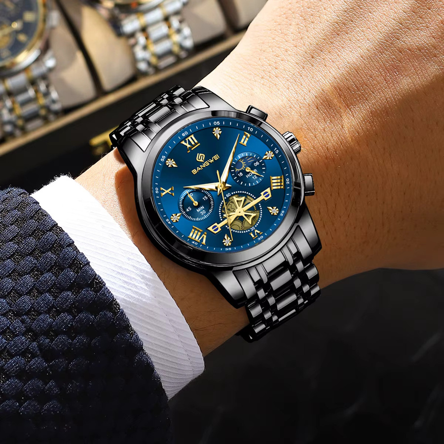 BANGWEI Chronograph, Quarz, Edelstahl, Blau, Herren - Bild 4