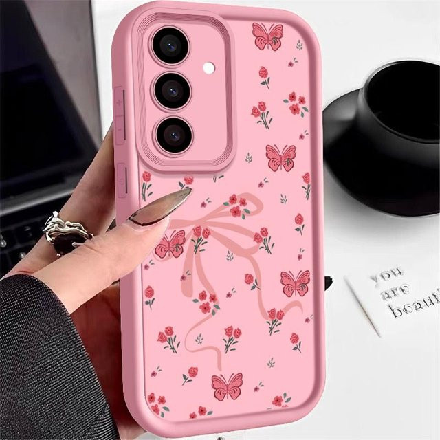 Rosa Handyhülle mit Blumen und Schleifen für Samsung Galaxy S25 S24 S23 S22 S21 S20 FE A55 A54 A35 A34 A15 A16 5G und weitere Modelle - Bild 1