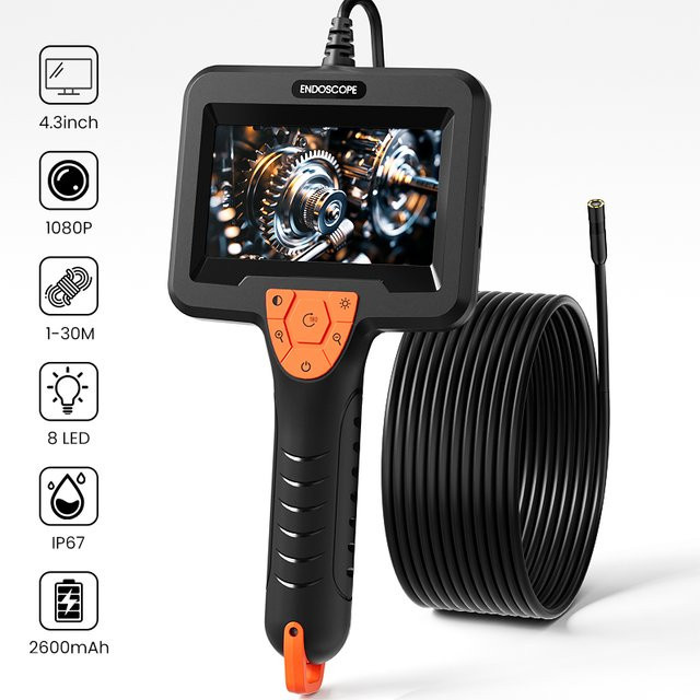 VISHRT Industrielle Endoskopkamera mit 4,3-Zoll-IPS-Bildschirm, 8-mm-Objektiv, 8 LEDs und wasserdichter Ausführung in Schwarz, Kabellänge 1 m bis 30 m, 2600 mAh Akku - Bild 1