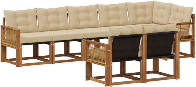 vidaXL Outdoor-Sofagarnitur L-Form aus massivem Akazienholz mit 8 Textilene-Kissen in Natur-Beige - Bild 1