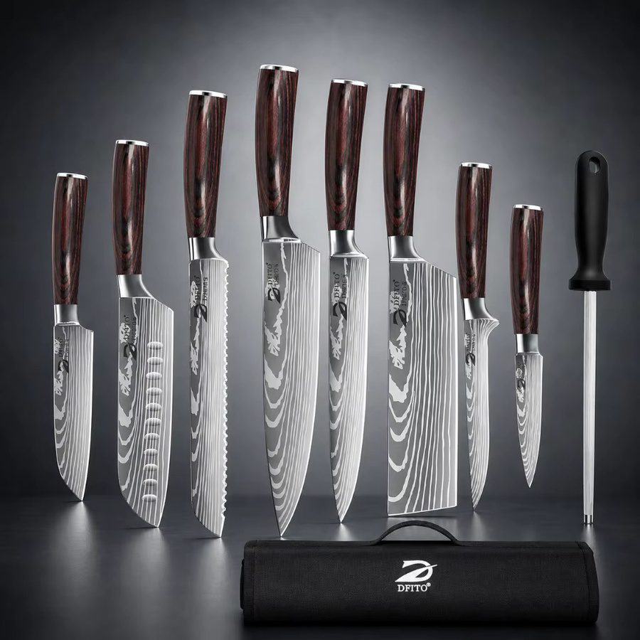 MDHAND 8-teiliges Damaszener Edelstahl Küchenmesser-Set in Rot mit Kochmesser, Santoku, Hackmesser, Tranchiermesser, Ausbeinmesser, Allzweckmesser und Schälmesser im japanischen Stil - Bild 3