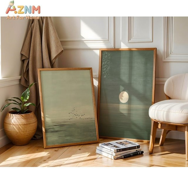 AZNM Leinwanddruck im Japandi-Stil mit Mond-Vogel-Wasser-Szene, Salbeigrün, minimalistische Landschaftswandkunst für dein Wohnzimmer oder Schlafzimmer - Bild 1