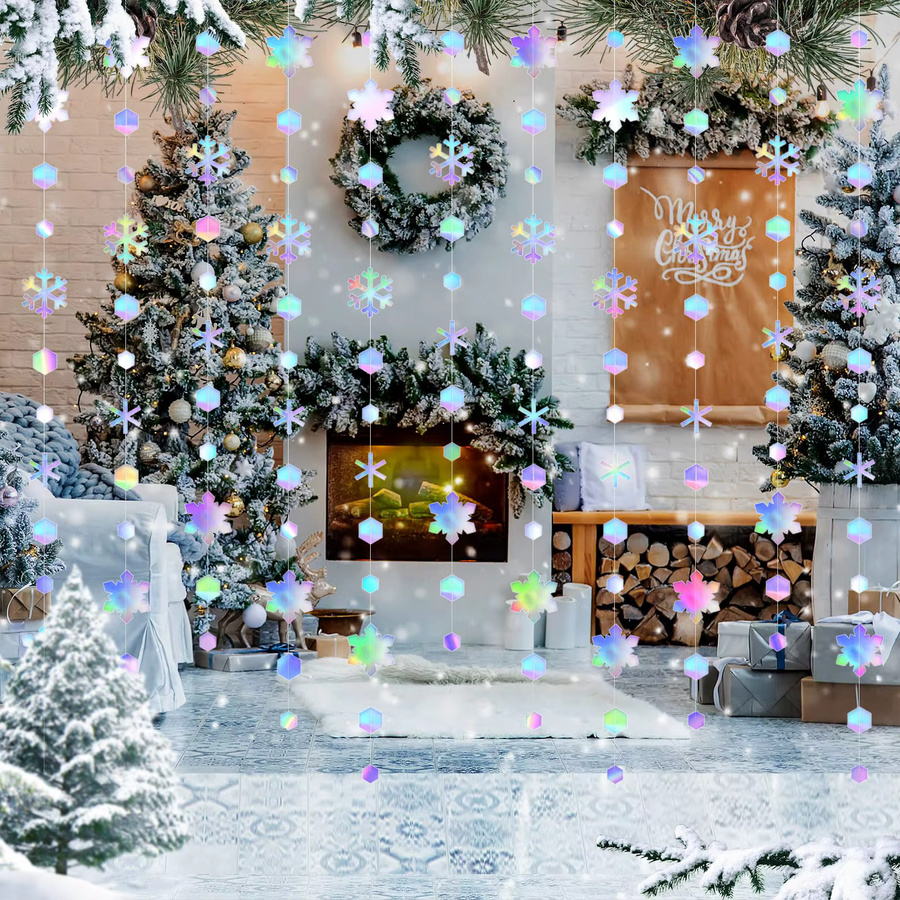 EsenTroye Schillernde Schneeflocken-Girlanden aus Papier für Winter, Hochzeit und Geburtstag, Weiß und Mehrfarbig - Bild 4