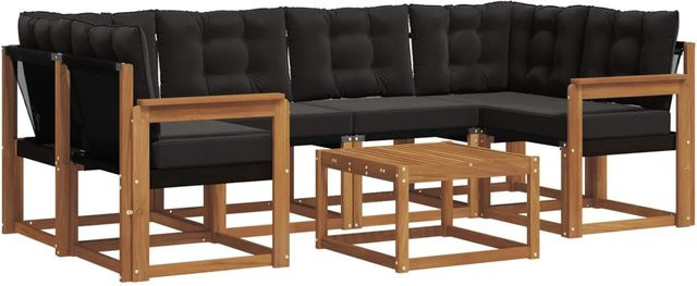 vidaXL Outdoor-Sofagarnitur 7-teilig aus Akazienholz und Textilene in Natur und Schwarz mit Kissen und Armlehnen - Bild 1