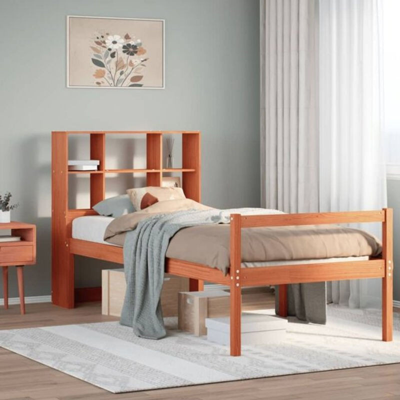 Massivholzbett aus Kiefer mit Regal in Braun von vidaxl, B/T/H: 75 x 190 cm - Bild 1