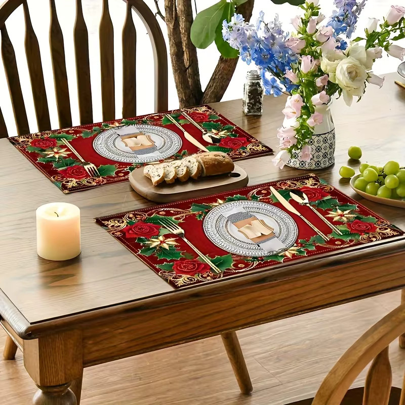 VIKAMA Weihnachts-Tischset aus Leinen mit floralem Rosenmuster und Goldkante in Rot, rechteckig - Bild 2