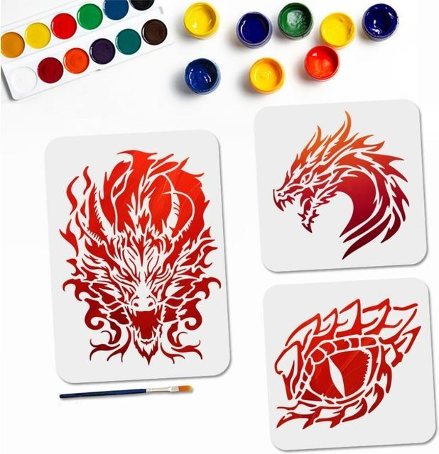 3 Stück Drachen-Schablonen Set mit Pinsel für orientalische Drachen-Augen Motive, wiederverwendbare Kunststoff-Vorlagen, B/H: 29,7 x 21,1 cm und 19,8 x 19,8 cm - Bild 1