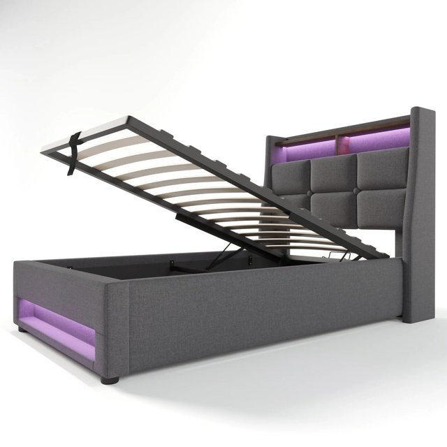 okwish Polsterbett aus Leinenmaterial in Grau mit LED-Lichtleiste und USB-Anschluss, B/T/H: 90 x 200 x 117 cm - Bild 1