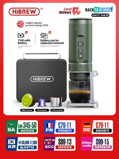 HiBREW H4C Tragbare 3-in-1 Espresso Kaffeemaschine mit 7500mAh Lithium-Akku, selbstwärmend, kompatibel mit Dolce Gusto Kapseln und gemahlenem Kaffee, Farbe: Grün - Bild 1