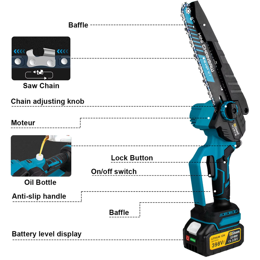 Gisam bürstenlose elektrische Kettensäge 8 Zoll, kabellose Akku-Astsäge in Blau, kompatibel mit Makita LXT 18V Akkus - Bild 4