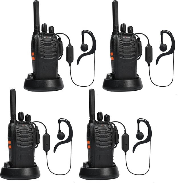 Pofung PT88E Walkie Talkie Set 4 Stück, PMR446 Lizenzfreies Zwei-Wege-Radio mit 16 Kanälen, Farbe: Schwarz, inklusive USB-Ladegerät und Ohrhörern - Bild 1