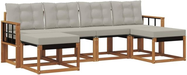 vidaXL Outdoor-Sofagarnitur 6-teilig aus Akazienholz und Textilene in Natur und Grau mit Kissen - Bild 1