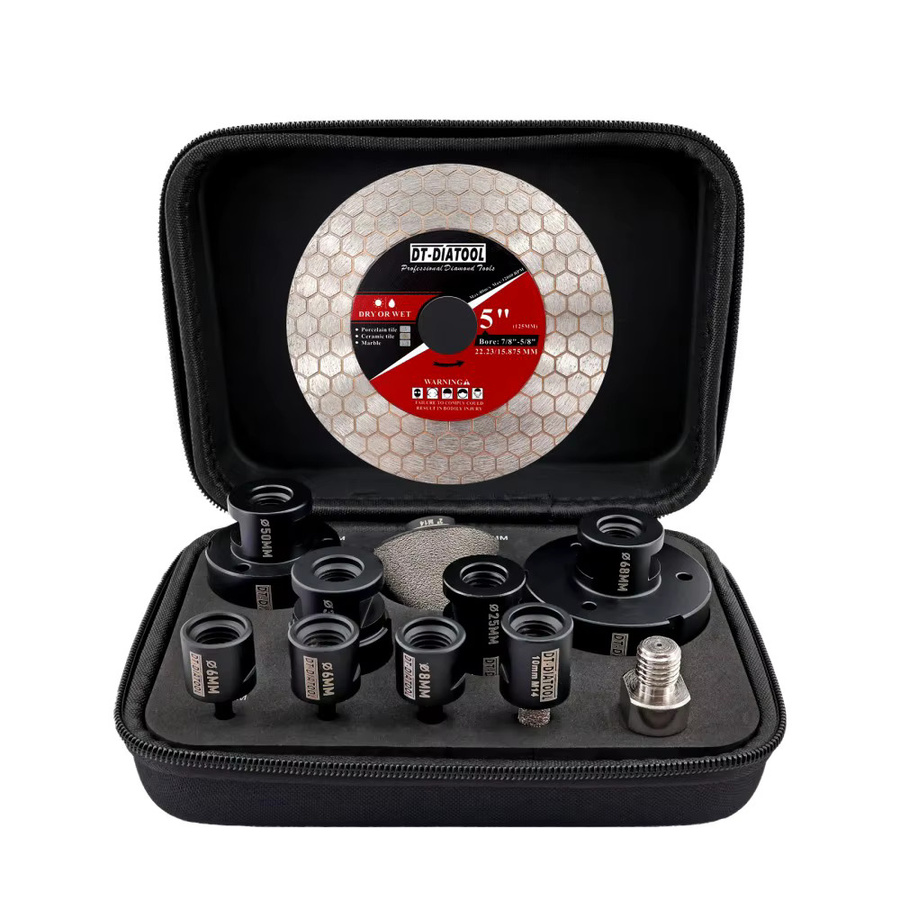 DT-DIATOOL Diamantbohrer-Set mit M14-Gewinde in Silber, 10 Stück Lochsägen mit 6/6/8/25/35/50/68 mm, 10 mm Fingerfräser, 2 Zoll Fasenfräser, Sechskant-Gewindeadapter und 125 mm doppelseitige Diamantscheibe - Bild 2