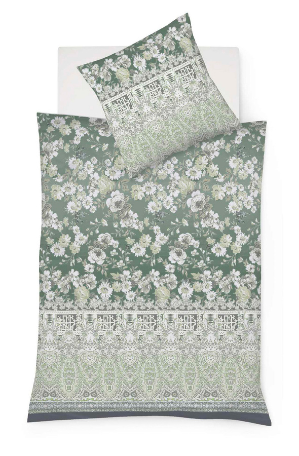 Fleuresse Mako-Satin Bettwäsche mit floralem Ornament-Design in Grün und Grau, bestehend aus Bettbezug und Kissenbezug, Baumwolle, B/H: 155 x 220 cm und 80 x 80 cm - Bild 1