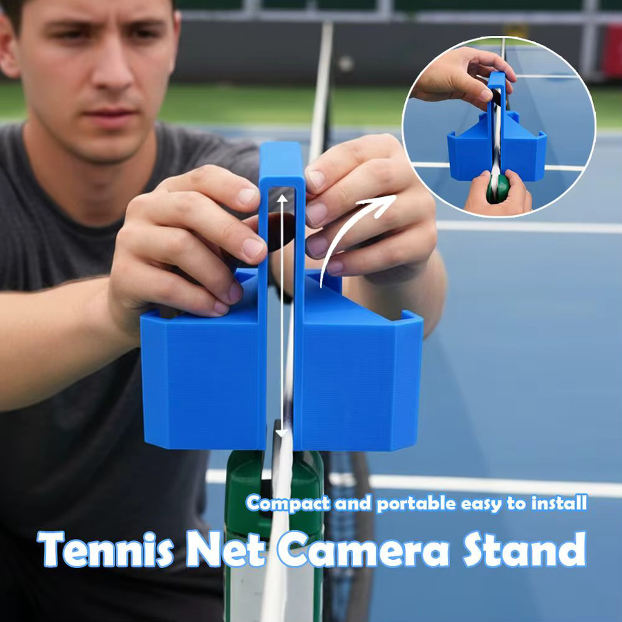 Padel-Tennis Kamera-Halterung zum Aufhängen am Tennisnetz mit Dual-Perspektive für Smartphone und Actionkamera in Schwarz oder Blau - Bild 3