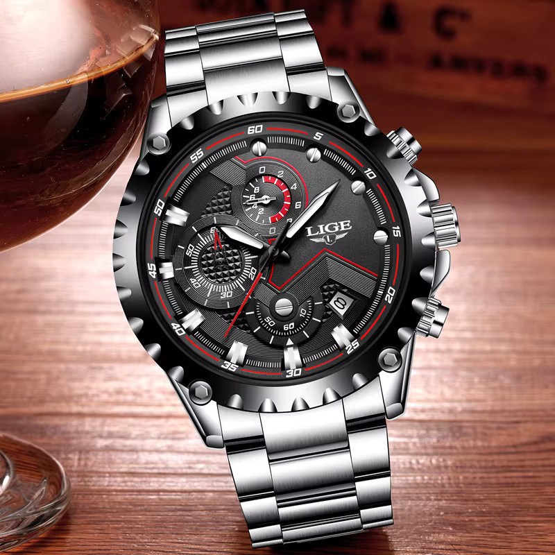 LIGE Armbanduhr Quarz, Edelstahl, Schwarz, Silber, Herren - Bild 3