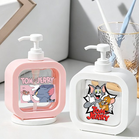 HUGKIS Tom und Jerry Seifenspender transparent pink, 300 ml, nachfüllbare Pumpe für Duschgel und Waschmittel