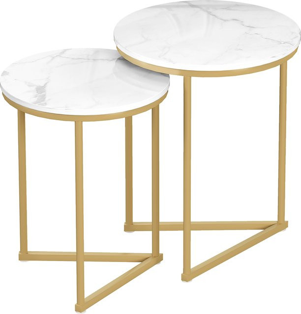 HOMCOM Beistelltisch 2er-Set, moderner runder Couchtisch mit goldenen Stahlbeinen in Weiß und Gold für Wohnzimmer, Schlafzimmer oder Flur - Bild 1