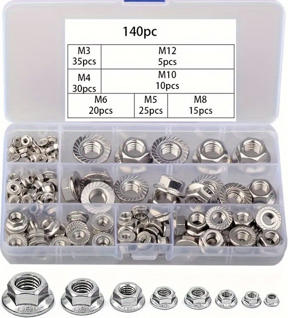 140 Stück Flanschmuttern Set in Silber, Sechskant-Befestigungsmuttern mit rutschfester Zahnflanschabdeckung, Größen M3 bis M12 - Bild 1