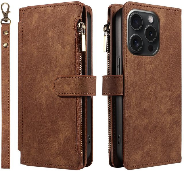 Binchi Health Electronics Handyhülle aus PU-Leder im Brieftaschen-Stil für iPhone 11 bis iPhone 17 Pro Max, Farbe: Braun - Bild 1