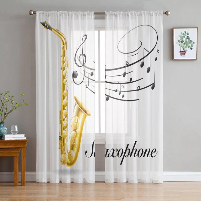 Yiran Furniture Transparentes Voile Organza Tüll Vorhang mit Musiknote und floralem Design, Weiß und Schwarz, Breite: 135 cm, Höhe: 115 cm - Bild 1