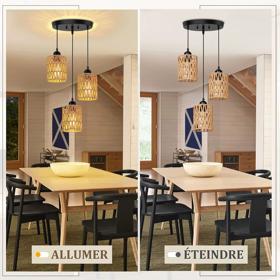 OSABO Retro Pendelleuchte 3-flammig aus Rattan in Braun für das Esszimmer - Bild 3