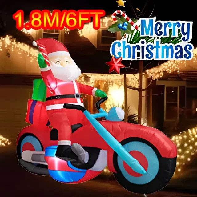 Aufblasbares Weihnachtsornament Santa auf Motorrad mit integrierten LED-Leuchten von CatXaa, Multicolor, Höhe: 180 cm - Bild 1