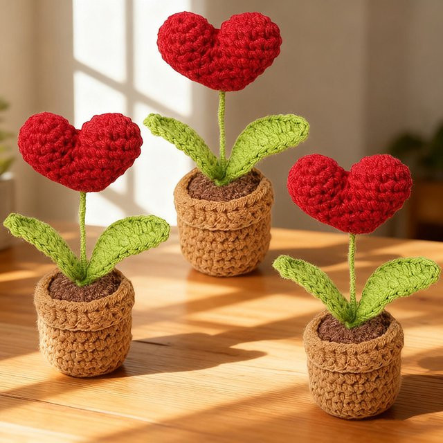 Handgefertigter gestrickter Blumentopf mit roter herzförmiger Kunstpflanze von ZQNYCY zur Tischdekoration - Bild 1