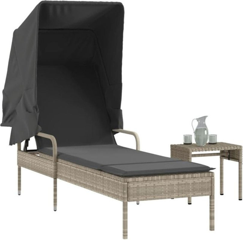 Vidaxl Sonnenliege mit Dach und Tisch aus Poly Rattan und Metall in Hellgrau, B/H/T: 200 x 130 x 62 cm - Bild 1