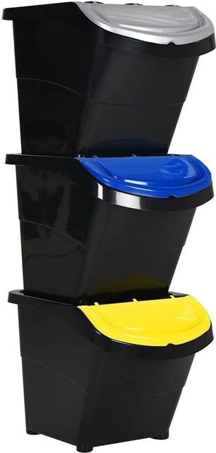DELUKE 3er Set Stapelmülleimer mit Deckel Schwarz, 3x26L (Gesamtvolumen 78L) - Bild 1
