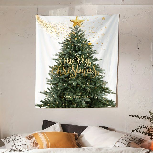 VIKAMA Wandteppich für Weihnachten und Neujahr mit Weihnachtsbaumlichtern und goldenen Sternen zur Wanddekoration für dein Schlafzimmer oder Wohnzimmer - Bild 1