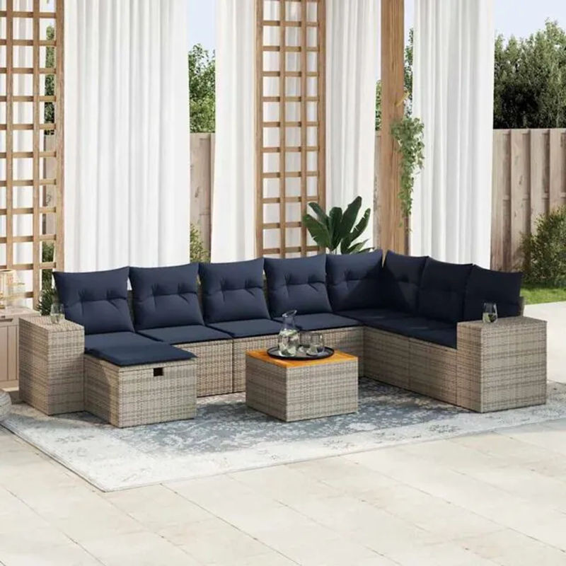 9-teilige moderne Garten-Sofagarnitur mit Kissen aus grauem Poly-Rattan von vidaxl - Bild 1