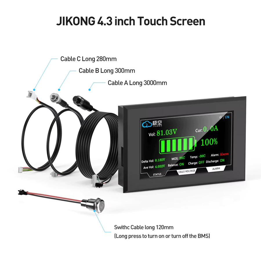 Jikong Smart BMS 4,3 Zoll LCD-Bildschirm mit TFT-Touchscreen zur Anzeige von Spannung, Strom, SoC und Temperatur in Schwarz, B: 88,5 mm, H: 135,9 mm - Bild 2