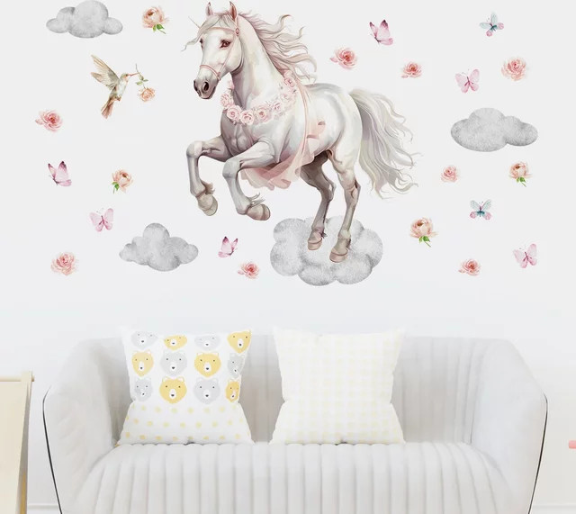 BRUP Wandaufkleber mit Aquarell-Wolken und Pferd in Mehrfarbig für Wohnzimmer und Schlafzimmer - Bild 1