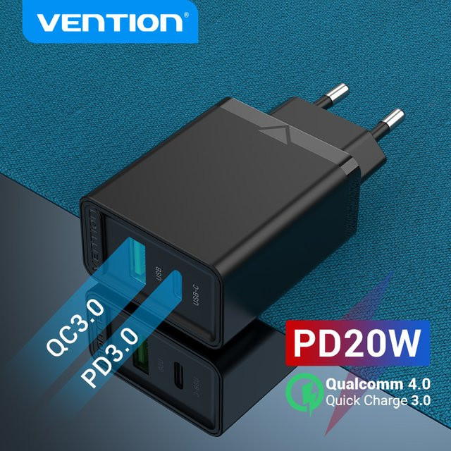 Vention USB Typ C Schnellladegerät 20W mit QC 4.0 und 3.0 in Schwarz - Bild 1