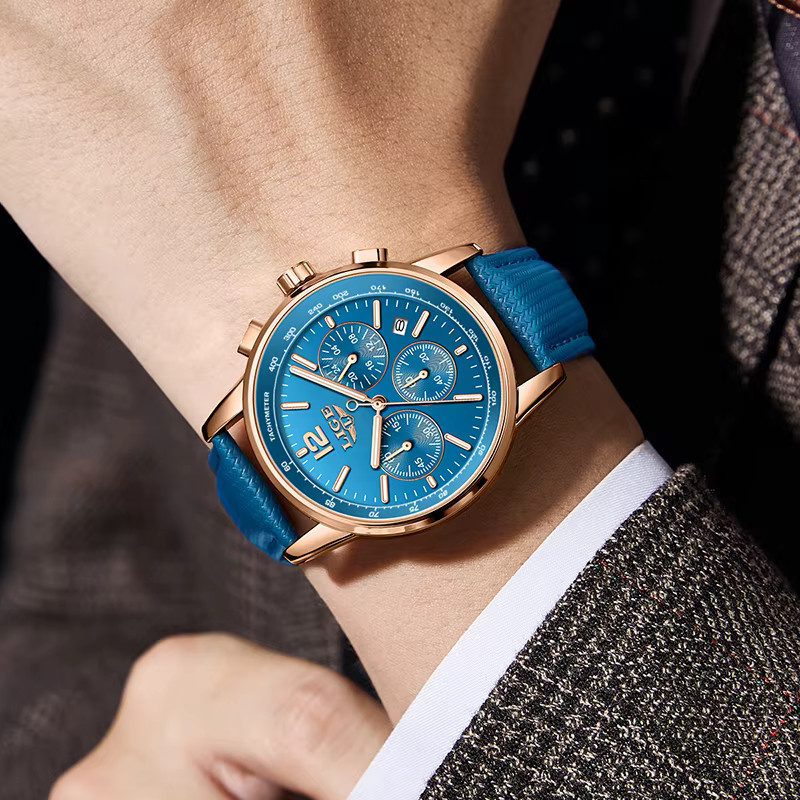 LIGE Armbanduhr Chronograph, Quarz, Leder, Blau, Roségold, Herren - Bild 6