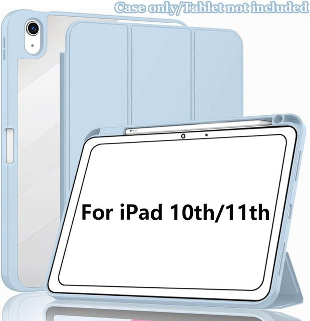 Transparente iPad Hülle mit Stifthalter und Tri-Folding Smart Cover für iPad 11. Generation 11 Zoll A2602 A2757 A2777 in Blau und Transparent - Bild 1