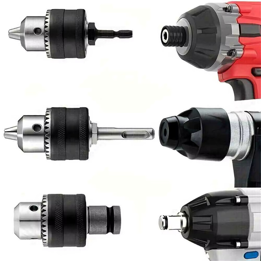 Bohrfutter-Adapter Set in Silber mit 1/2–20 UNF-Montage, 3,0–16 mm Spannbereich, Sechskantschaft und SDS-Plus-Sockel inklusive quadratischem Adapter und Spannfutterschlüssel für Schlagschrauber-Bits - Bild 4