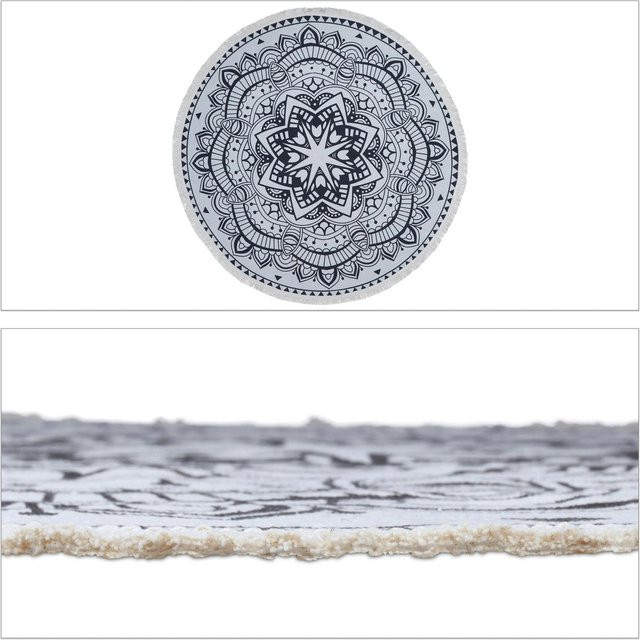 Relaxdays Rundteppich aus Baumwolle in Creme Schwarz mit Mandala-Muster im Boho-Stil, Rutschfest und Fußbodenheizung geeignet, Durchmesser: 120 cm - Bild 1